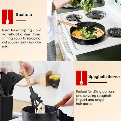 E-far Cooking Utensils Set of 6, Silicone Kitchen Utensils with Wooden Handle, Non-stick Cookware Friendly & Heat Resistant, Includes Spatula/Ladle/Slotted Turner/Serving Spoon/Spaghetti Server(Khaki)