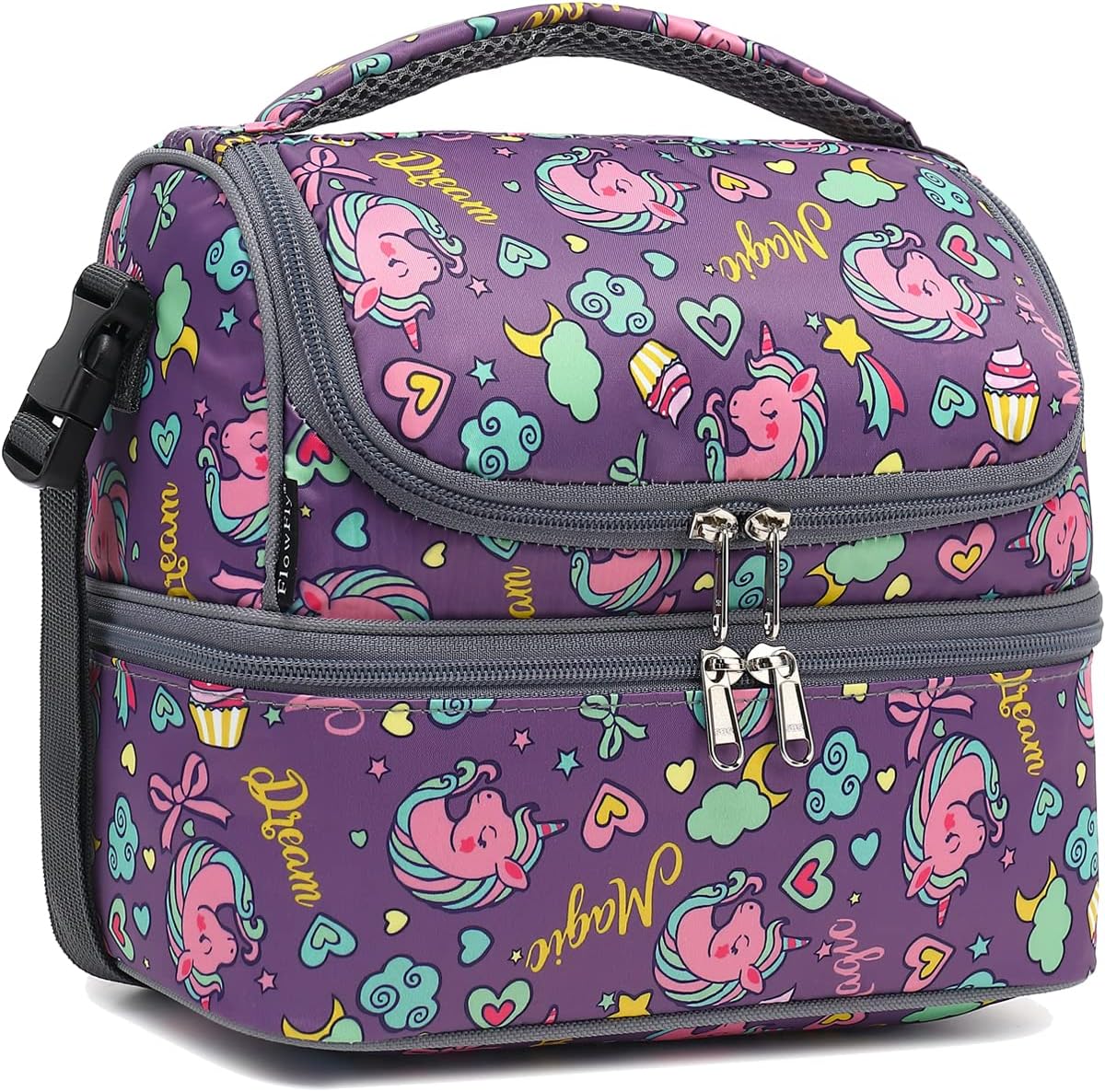 FlowFly Kids Double Decker Cooler Insulated Lunch Bag Large Tote for Boys, Girls, Men, Women, With Adjustable Strap, Unicorn