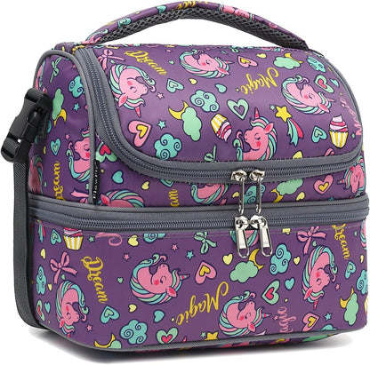FlowFly Kids Double Decker Cooler Insulated Lunch Bag Large Tote for Boys, Girls, Men, Women, With Adjustable Strap, Unicorn