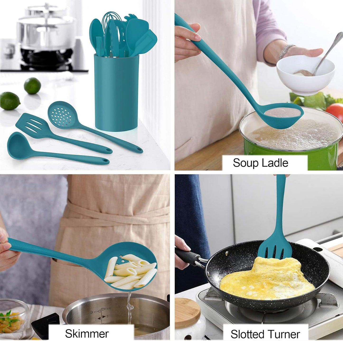 LIANYU 12-Piece Silicone Kitchen Cooking Utensils Set with Holder, Kitchen Tools Include Slotted Spatula Spoon Turner Ladle Tong Whisk, Dishwasher Safe, Dark Blue