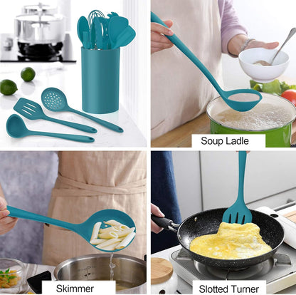 LIANYU 12-Piece Silicone Kitchen Cooking Utensils Set with Holder, Kitchen Tools Include Slotted Spatula Spoon Turner Ladle Tong Whisk, Dishwasher Safe, Dark Blue