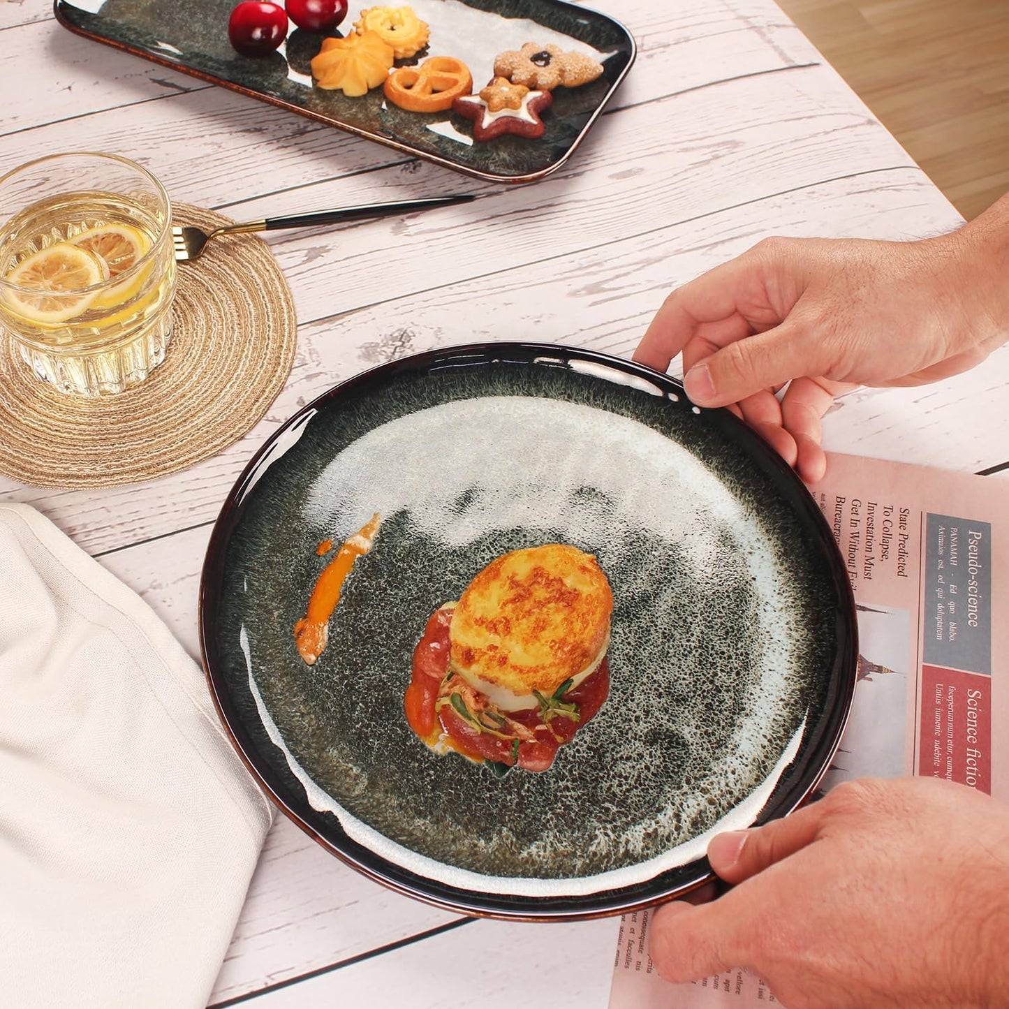 Porcelain Plate Set Large Serving Tray Set of 4, Reusable Serving Platters for Party Food, Cookie, Appetizer, Charcuterie, Snack, Dessert Display,Stackable Kitchen Dish 14.4 INCH