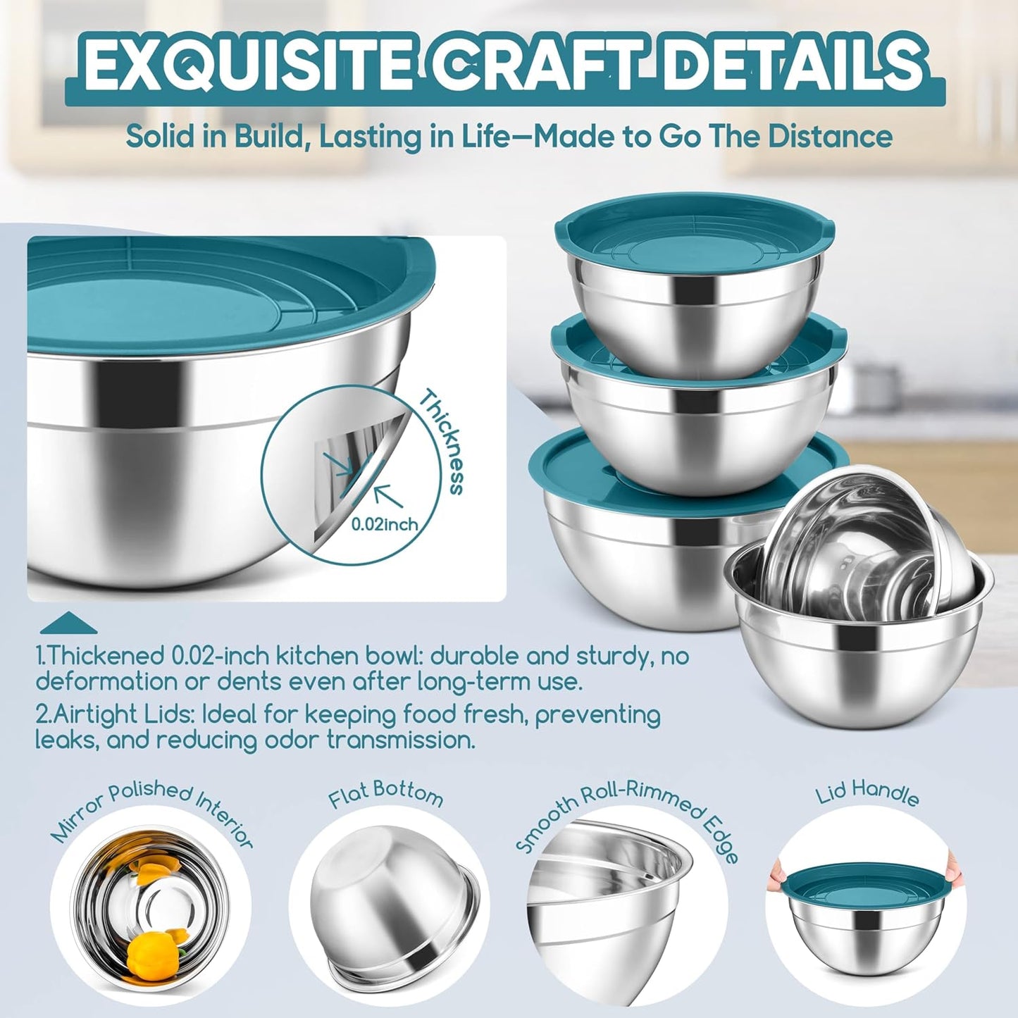 Herogo 5-Piece Mixing Bowls with Airtight Lids, 3 Grater Attachments, Stainless Steel Salad Serving Bowls for Kitchen, Size 4.6, 3.5, 2.5, 2, 1.5QT Ideal for Prepping & Cooking, Black