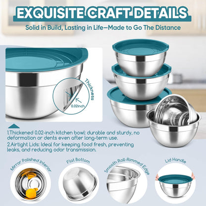 Herogo 5-Piece Mixing Bowls with Airtight Lids, 3 Grater Attachments, Stainless Steel Salad Serving Bowls for Kitchen, Size 4.6, 3.5, 2.5, 2, 1.5QT Ideal for Prepping & Cooking, Black