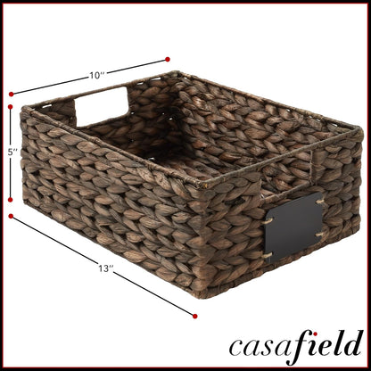 Casafield Set of 4 Water Hyacinth Pantry Baskets, 10" x 13" x 5", with Chalkboard Labels and Chalk Marker - Natural, Woven Storage Bin Organizers for Kitchen Shelves