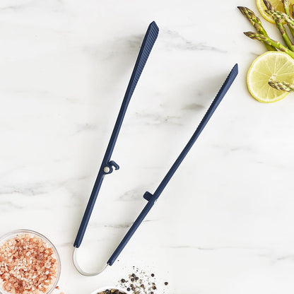 GreenPan Silicone Locking Pasta Tongs, Cooking Grilling Serving, Salad, Kitchen Utensil, Flexible Rubber PFAS-Free Ceramic Nonstick Cookware, Steel Core, Heat-Resistant, Dishwasher Safe, Navy