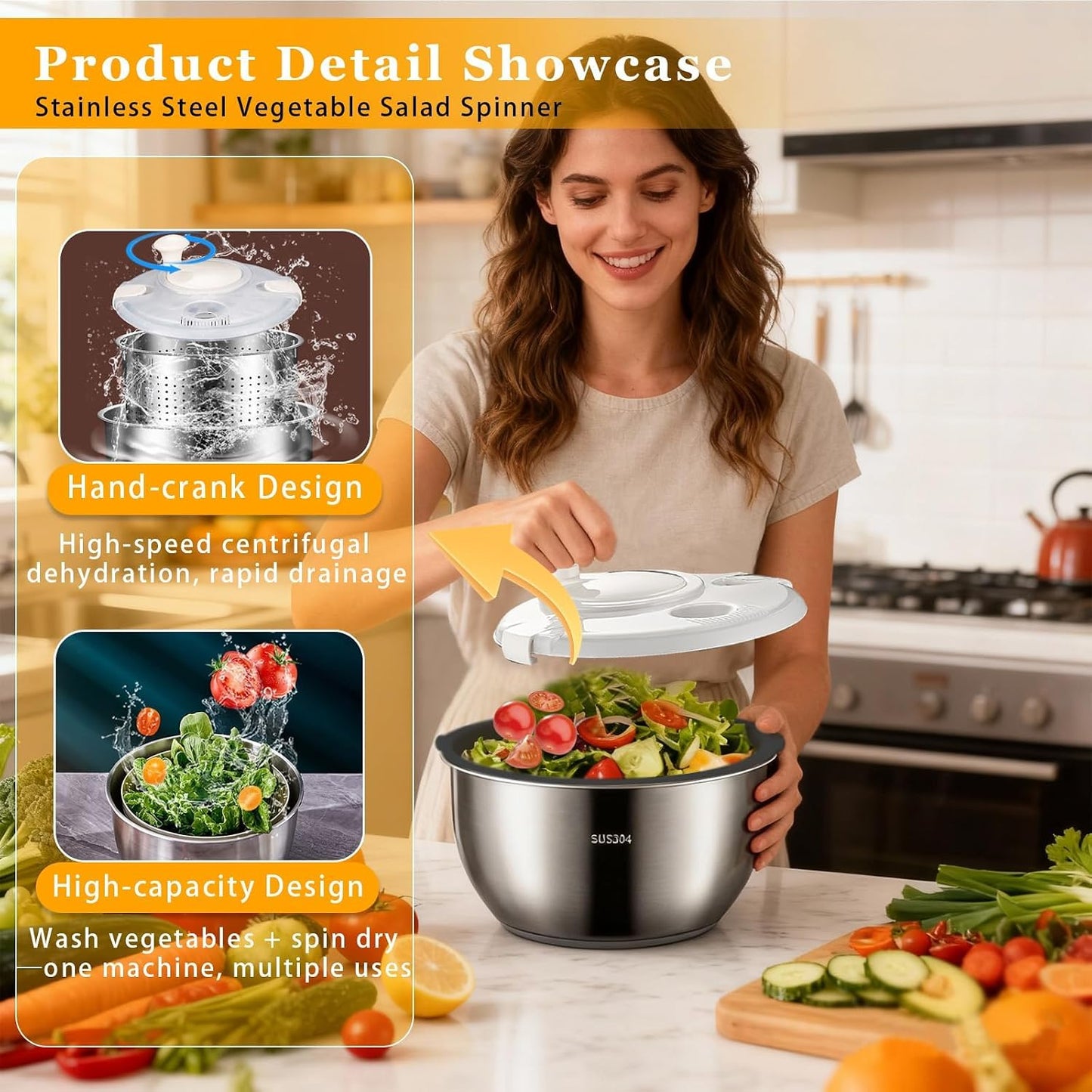 Large Salad Spinner Stainless Steel – 6L Metal Salad Spinner with PP Cover, Perfect for Dehydrating Lettuce, Vegetables, Fruits, Pasta, and Homemade French Fries