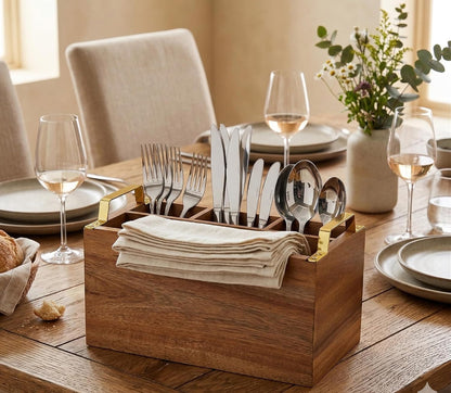Acacia Wood Flatware Caddy - 4 Compartment Silverware Utensil Holder with Golden Metal Handles - 10" W x 6" D x 6.5" H, 2 lbs