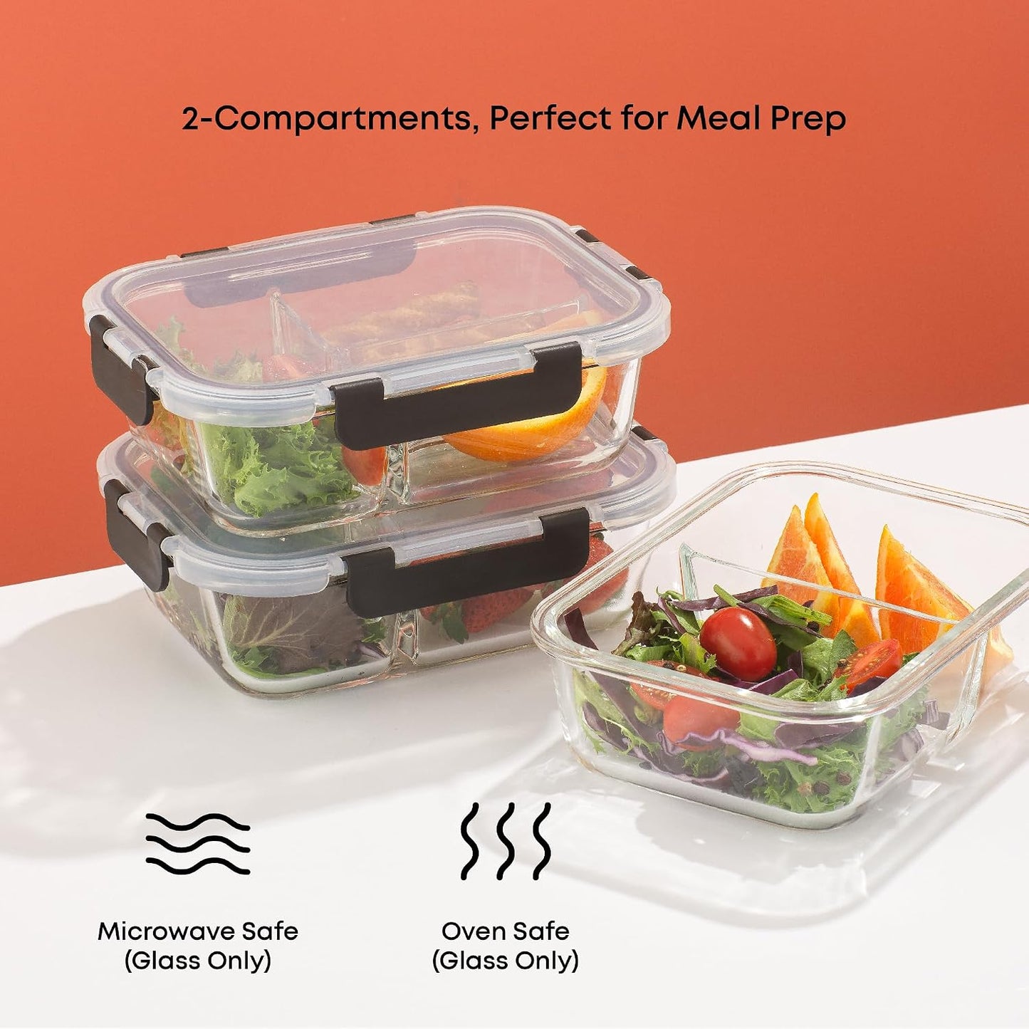 JoyJolt Divided Food Storage Containers with Lids Airtight. 5 Pack Glass Meal Prep Containers 2 Compartment Set Glass Bento Box. Reusable Food Containers, Portion Control Containers for Weight Loss