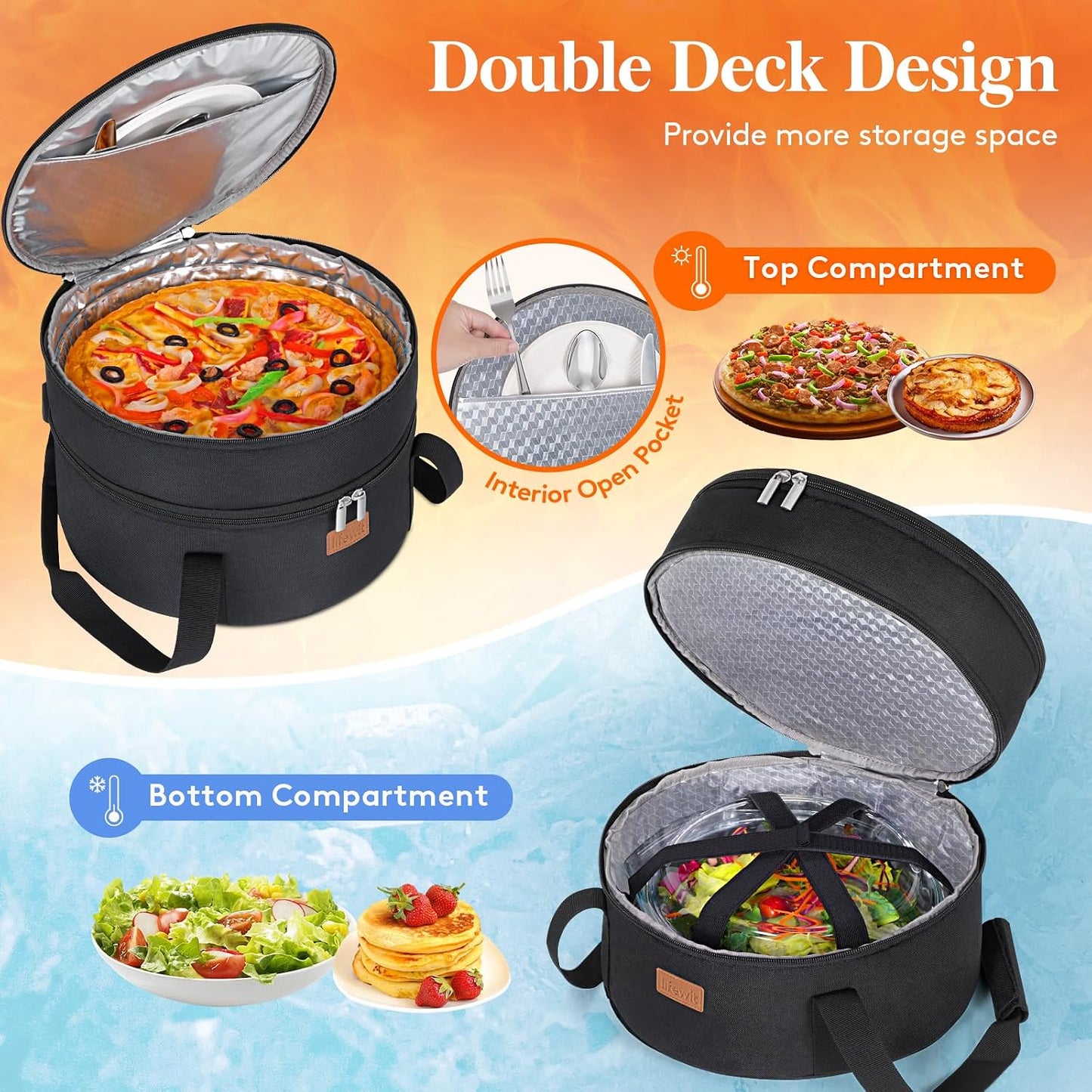 Lifewit Insulated Single Decker Round Casserole Carrier, Portable Pie Carrier Bag for Hot or Cold Food, Fits 12.5" Baking Dish, Thermal Lunch Tote for Potluck Parties, Picnic and Cookouts, Grey