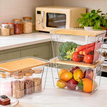 Criusia 2 Set Pantry Organizers and Storage with Bamboo Lids, Stackable Clear Bins for Onion, Potato, Fruit, Vegetables, Trash Bag Dispenser, Kitchen and Under Sink Organizer