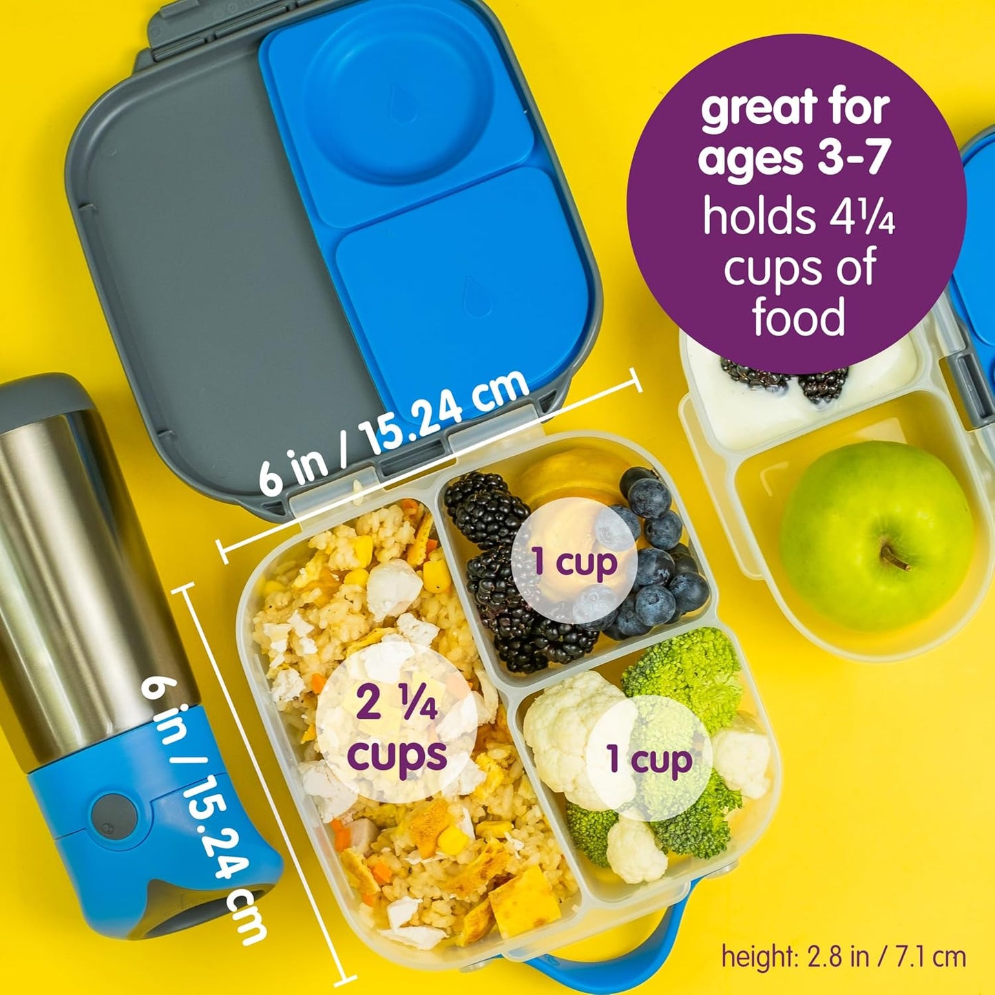 b.box Mini Lunch Box 2-Pack, Leak Proof Bento Box for Kids, 3 Compartment Snack Containers Ages 3+, Lunchbox for Daycare + School, Dishwasher Safe, BPA-Free, PFAS-Free, 4.25 Cup - Blue + Green