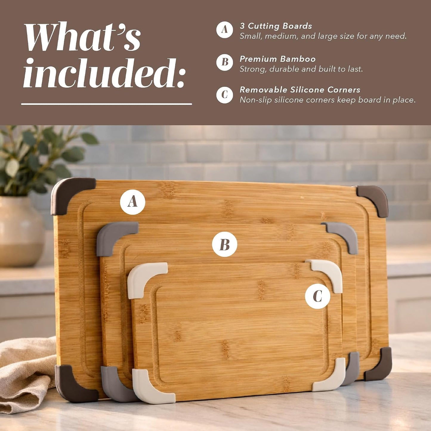 COOK WITH COLOR Non-Slip Cutting Board Set – Kitchen Essentials with Easy Grip Handle for Meat, Veggies, and Fruits, 3 Cutting Boards, Bamboo Non-Slip Grey