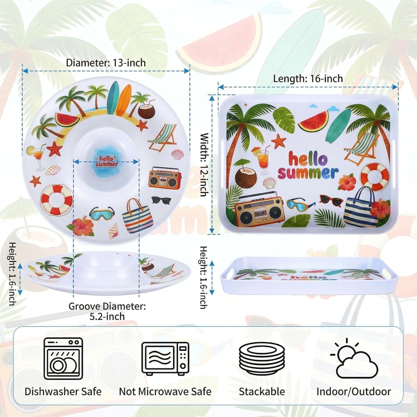 2 Pcs Serving Tray - 16'' Melamine Rectangle Tray with Handle and 13'' Chip and Dip Set of 2，Extra-Large Melamine Serving Platter for Eating, Appetizer, Snack, Fruit, Desserts，Happy Summer