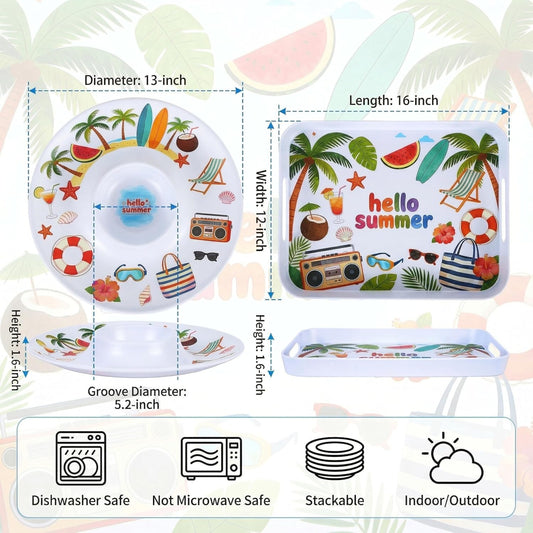 2 Pcs Serving Tray - 16'' Melamine Rectangle Tray with Handle and 13'' Chip and Dip Set of 2，Extra-Large Melamine Serving Platter for Eating, Appetizer, Snack, Fruit, Desserts，Happy Summer