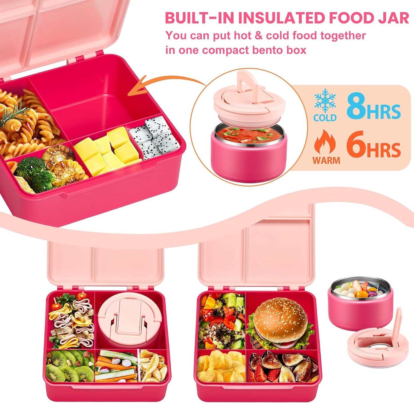 Bento Lunch Box with 8oz Soup Thermo,Kids Leakproof 4 Compartment Lunch Food Containers with Sauce Cup and Ice Pack,Kids Thermo Insulated Hot Food Jar and Lunch Bag for School,Trvael-Black