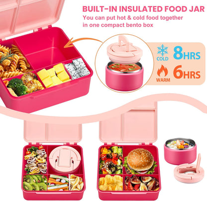 Bento Lunch Box with 8oz Soup Thermo,Kids Leakproof 4 Compartment Lunch Food Containers with Sauce Cup and Ice Pack,Kids Thermo Insulated Hot Food Jar and Lunch Bag for School,Trvael-Black