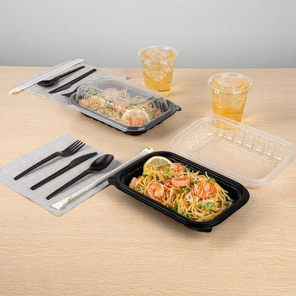Thermo Tek 40 Ounce Clamshell Containers, 50 Disposable Take Out Boxes - 3 Compartments, Ventilated Lids, Black Plastic Meal Prep Containers, Microwavable, For Pasta Or Salads - Restaurantware