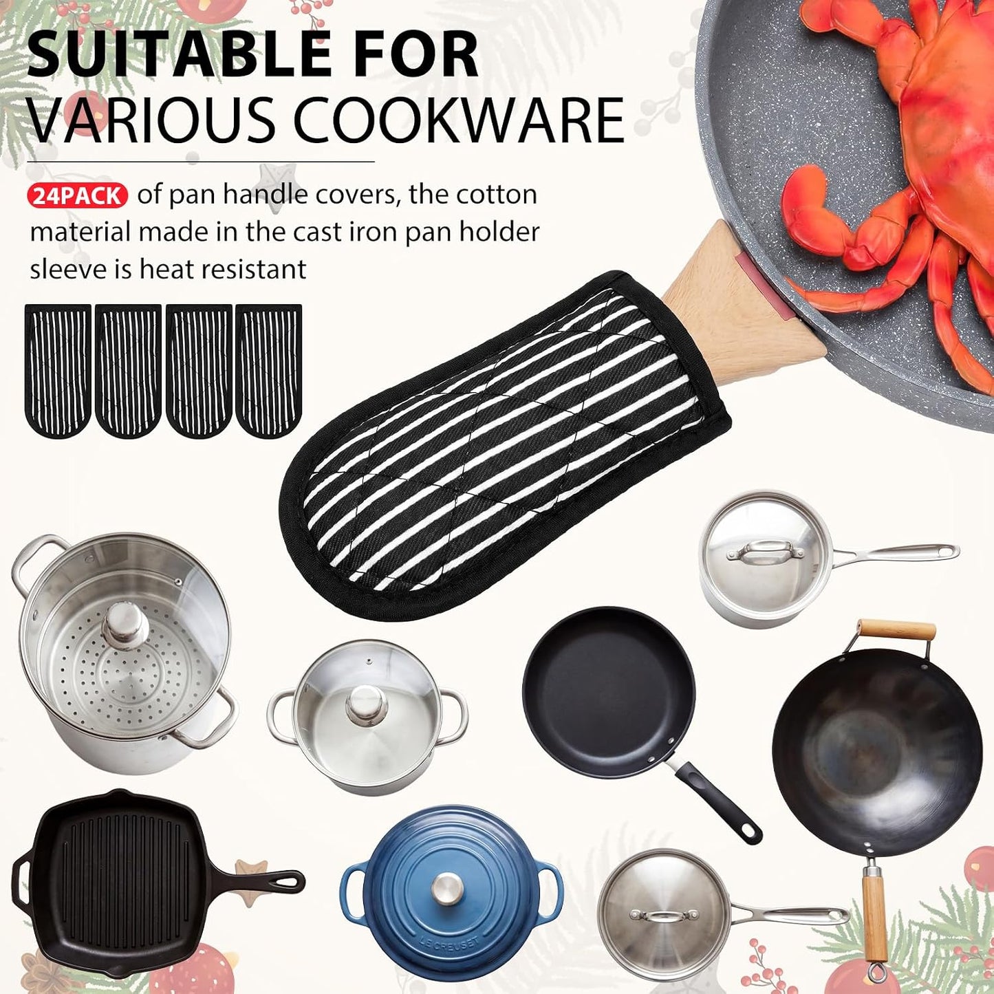Dandat 24 Set Hot Handle Covers for Daily Replace Use Gift Pan Handle Sleeve Cover Heat Resistant Cast Iron Holder Sleeve Washable Handgrip Mitts for Christmas Kitchen BBQ Baking Cookware (Chili)