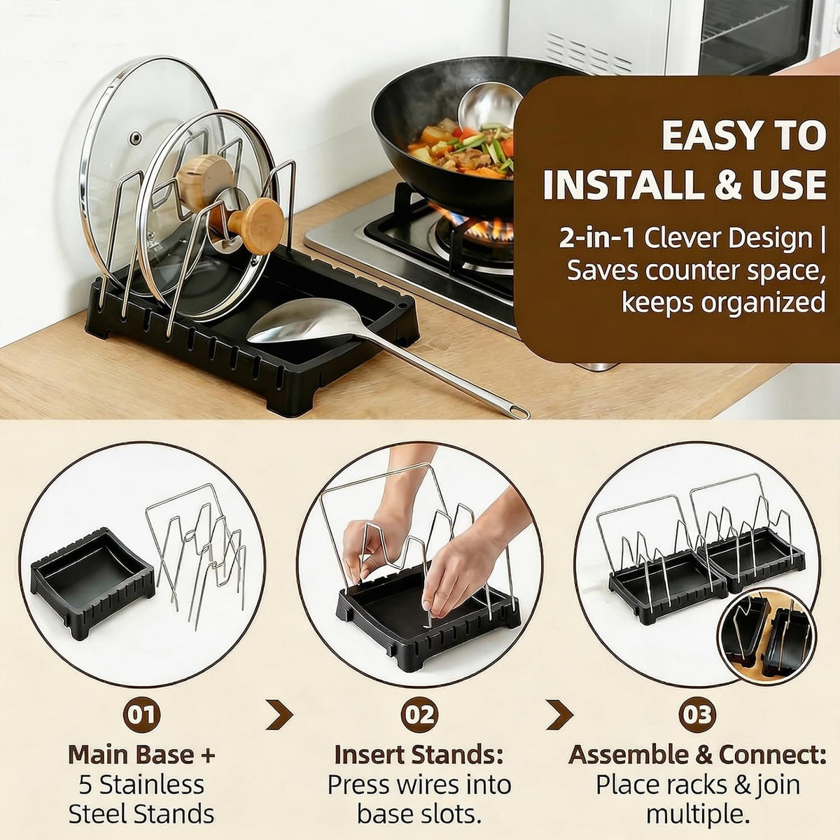Uidhch Adjustable Pot Lid Holder for Countertop with Drip Tray