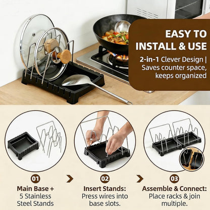Uidhch Adjustable Pot Lid Holder for Countertop with Drip Tray