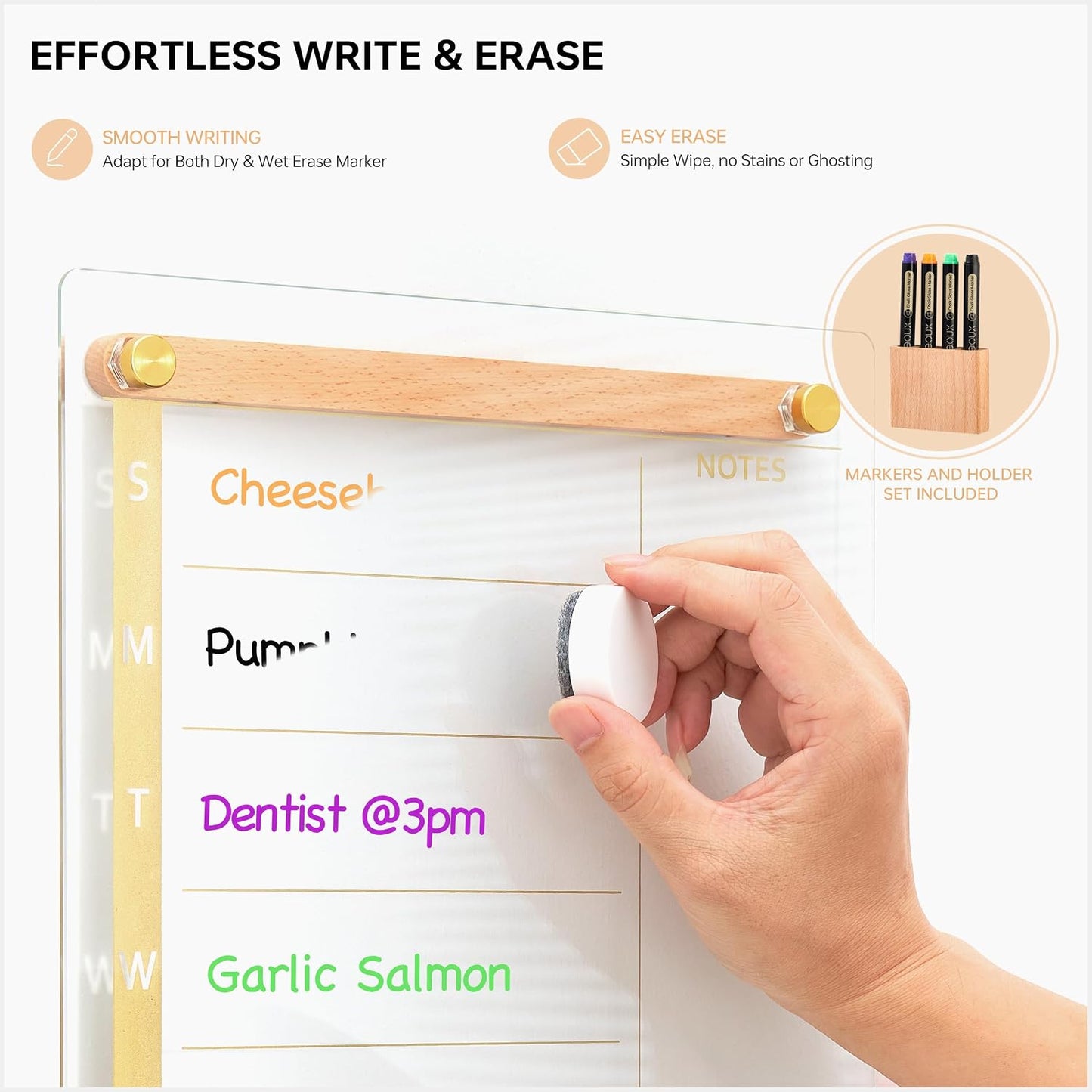 Clear Glass Weekly Dry Erase Calendar & Menu Non-Magnetic Whiteboard for Wall, Meal Plan & Grocery List White Board for Kitchen, 15x11, 7 Days Home Planner, 4 Wet Erase Markers Included, Yeoux