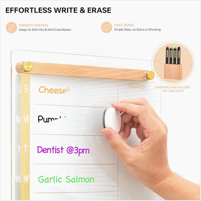Clear Glass Weekly Dry Erase Calendar & Menu Non-Magnetic Whiteboard for Wall, Meal Plan & Grocery List White Board for Kitchen, 15x11, 7 Days Home Planner, 4 Wet Erase Markers Included, Yeoux