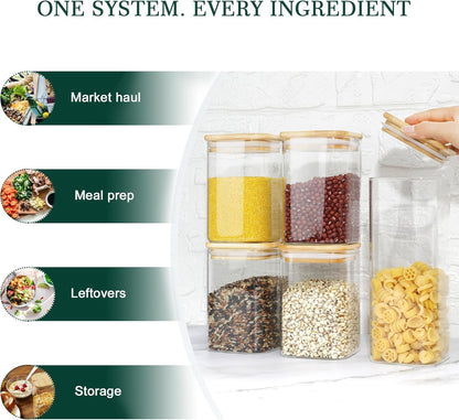 LIBWYS 12-Pack Square Glass Storage Jars with Bamboo Lids (0.6Qt/1.06Qt) - Stackable Food Containers for Pantry Organization, Coffee, Flour, Snacks, Tea | Kitchen Canisters Set