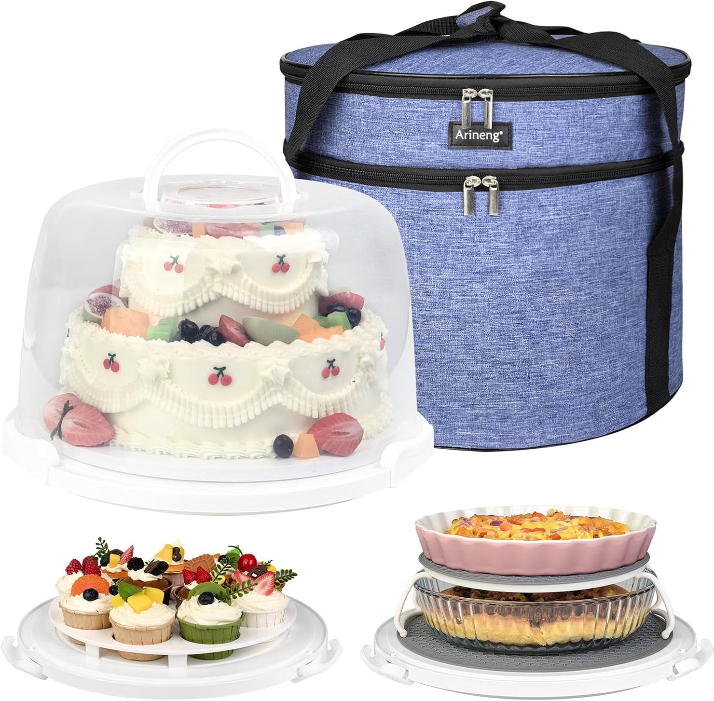 Round Cake Carrier Box with Lid and Handle, Transportation Insulated Bag for Cakes, Cupcakes and Pies, Triple Locking Design for Safe Transportation (Grey, 12 * 12 * 7.9 Inch)