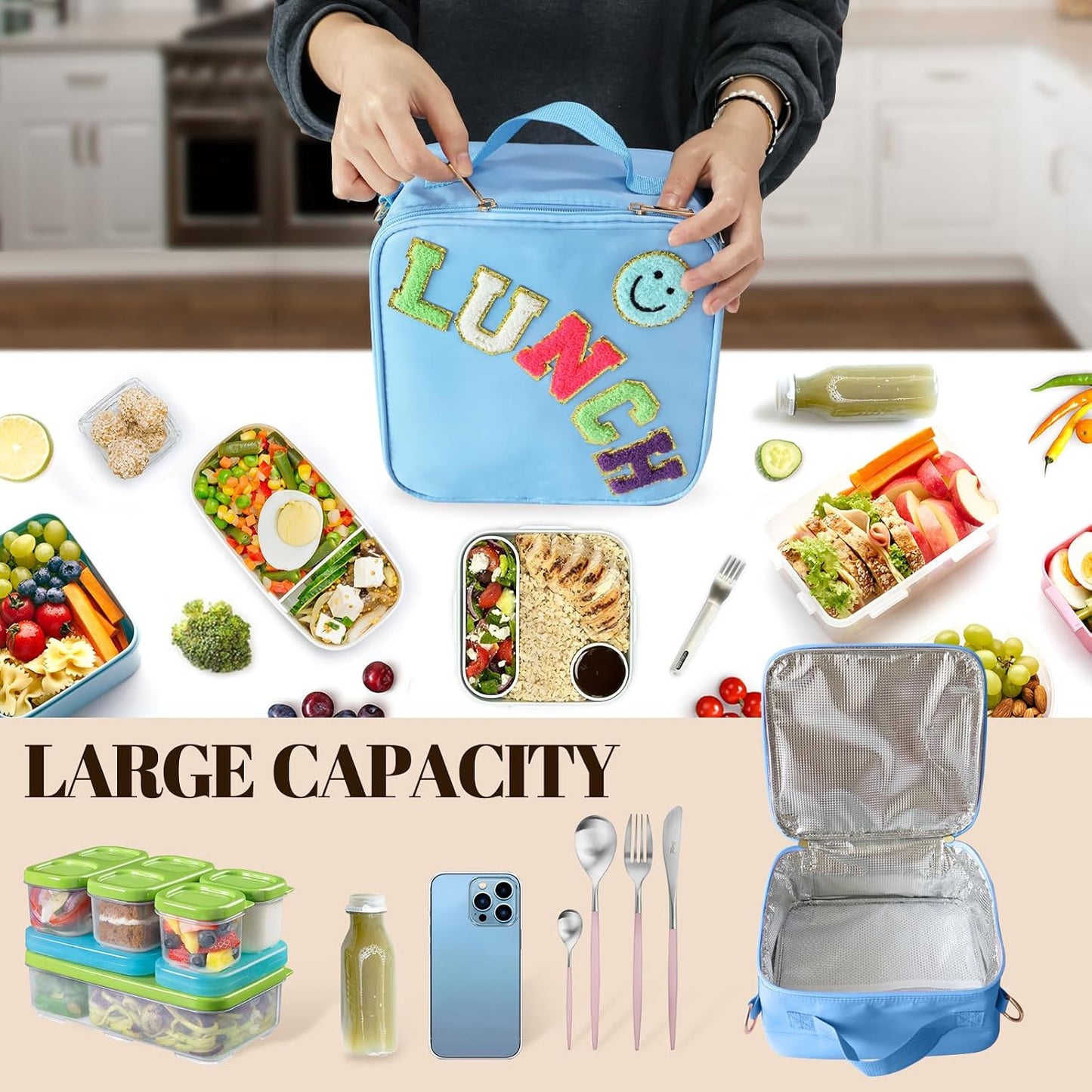 Insulated Lunch Bag With Adjustable Shoulder Strap, Nylon Preppy Lunch Box Large Insulated Lunch Bag Reusable Lunch Tote Bag with Smiley Preppy LunchBag for Girls School Travel Picnic (Green)