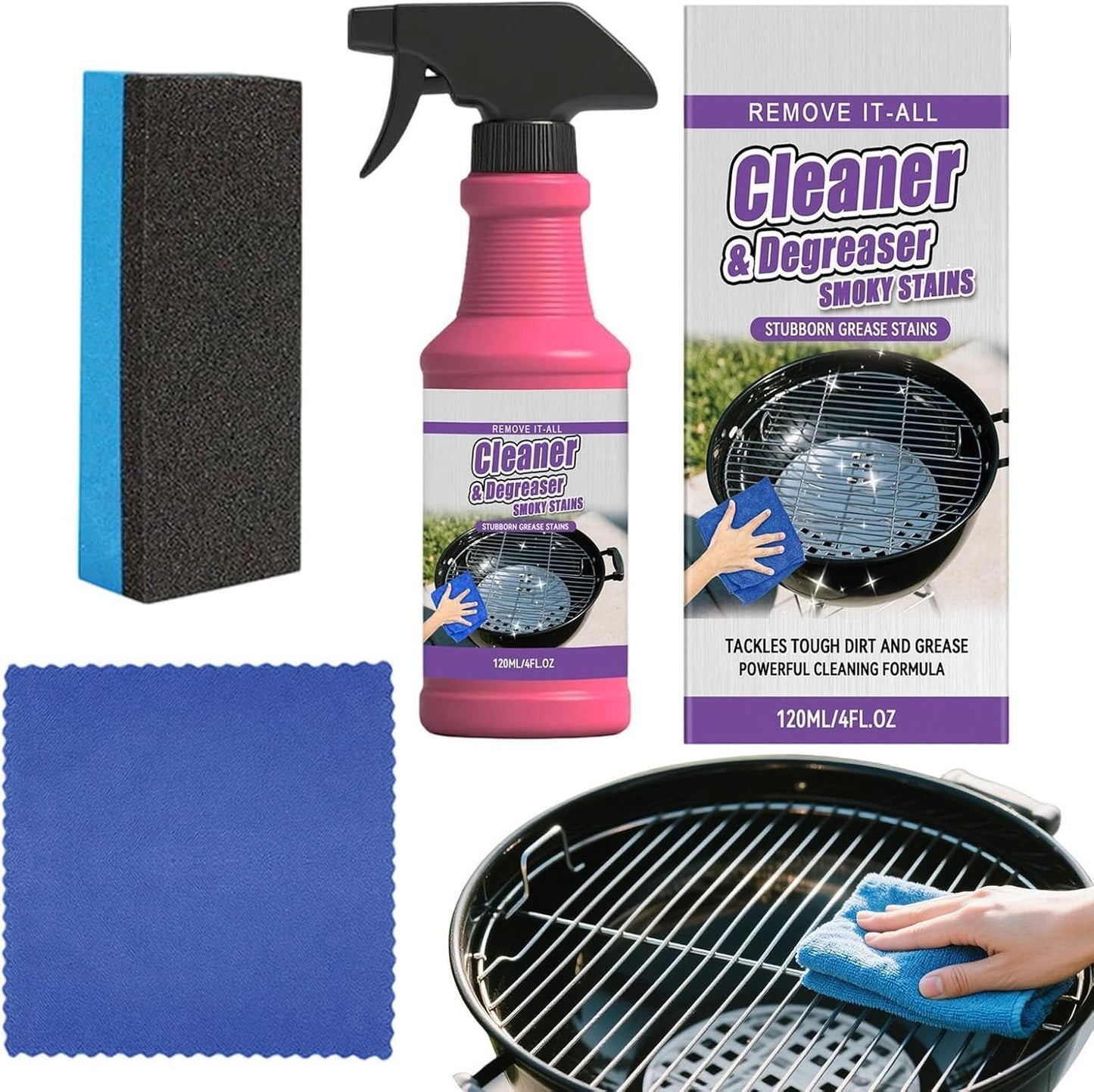 Grill Cleaner Spray - 120ml Fast Acting Grease Remover, Deep Cleaning Kitchen Degreaser Solution, Heavy Duty Grill Cleaner, Bbq Cleaners Spray for Grates Stovetops Ovens Range Hoods