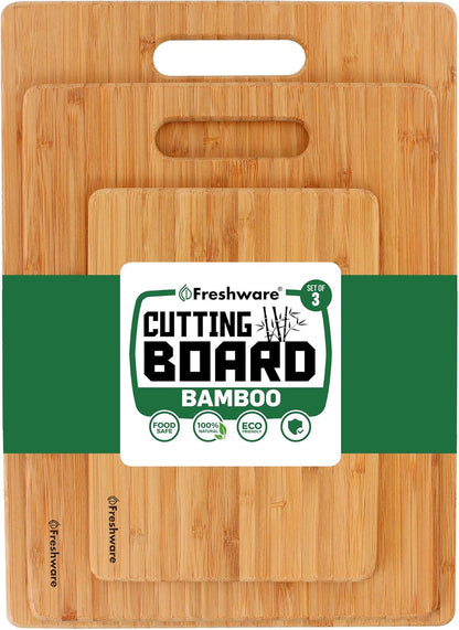 Freshware Wood Cutting Boards for Kitchen - Bamboo Cutting Board Set of 3, Cutting Boards with Juice Grooves, Serving Board Set, Chopping Board for Meat, Veggie, Easy Grip Handle (9x6", 12x8", 15x10")