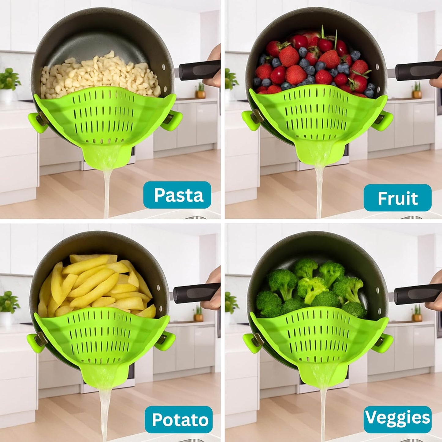 Clip On Strainer Silicone for Pots and Pans, Universal Fit Pasta Strainer and Pot Colander, Space Saving Food Drainer with Collapsible Funnel and Garlic Peeler, 3 Pcs Set, Gray