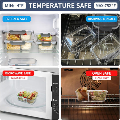 GULFLIN 12 Pack 22oz Glass Meal Prep Containers, Food Storage Containers with Lids, Air-Tight, Leak-Resistant, Freezer to Microwave Safe - Grey Set