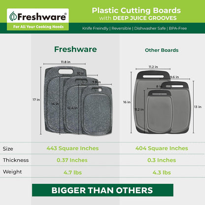 Freshware Cutting Boards for Kitchen, Chopping Board 3-Pack with Different Sizes, Juice Grooves and Non Slip Handles - Reversible, Large Cutting Board Set - Dishwasher Safe - Gray