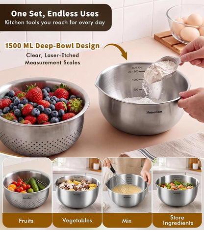 304 Stainless Steel Fine Mesh Colander Set, 1QT Large Capacity Strainer with Mixing Bowl, Rust Resistant Metal Strainer Bowl for Rinse Fruits, Veggies, Rice & Drain Pasta, Cooking, Dishwasher Safe
