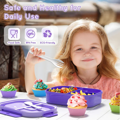 Lunch Box Kid Adult Bento Box, 4-Compartment Food Lunch Containers with Fork & Spoon, BPA Free, Leak-Proof Bento-Style Lunch Box for Work School, Microwave & Dishwasher Safe (Candy)