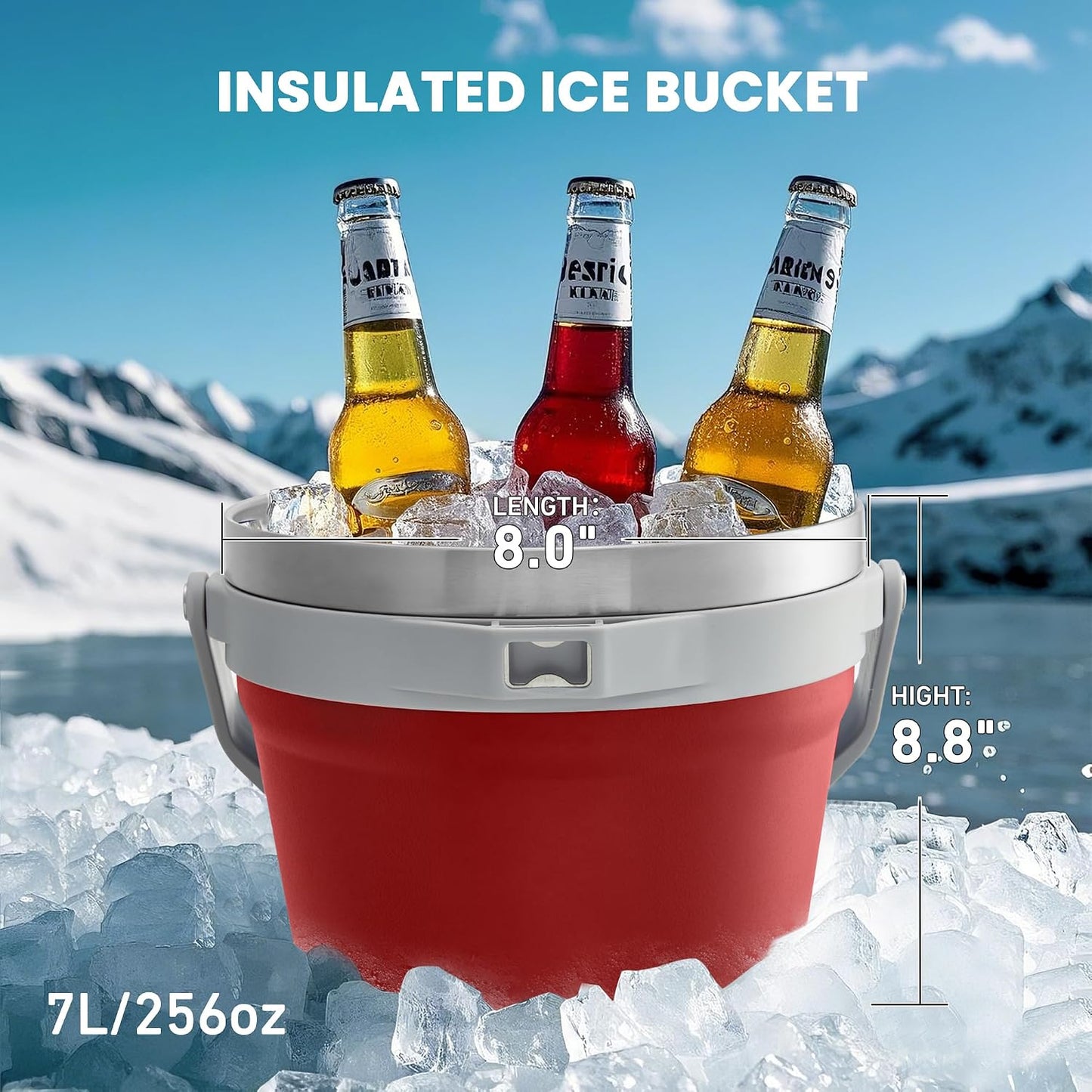 COKTIK 7L Vacuum Insulated Ice Bucket with Lid and Scoop& Tongs，Large capacity Stainless Steel Beverage Bucket for Cocktail, Champagne, Wine, Beer，Large Parties（Milk White Suit）