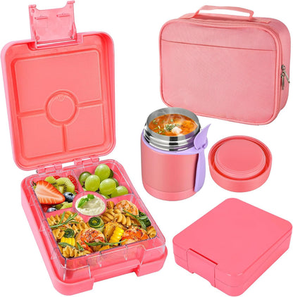 Pawtong Bento Lunch Box Set With 10oz Soup Thermo, Leak-proof Lunch Containers with 4 Compartment, Kids Hot Thermo Food Jar/Insulation Lunch Bag, Food Containers for School（Dinosaur）