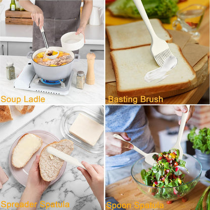 LIANYU 15 Pcs Kitchen Cooking Utensils Set with Holder, Silicone Kitchen Tools with Stainless Steel Handle, Heat Resistant Gadgets, Brush Spatula Spoon Whisk for Cookware, Dishwasher Safe, Khaki