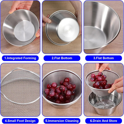 2 Sets Mini Colander & Food Strainer, 4 Pcs Total 304 Stainless Steel Small Mixing Bowls for Kitchen, Draining Rice Pasta, Washing Fruit Vegetables, Salad Prep (5.51 x 2.36 Inches, Silver)