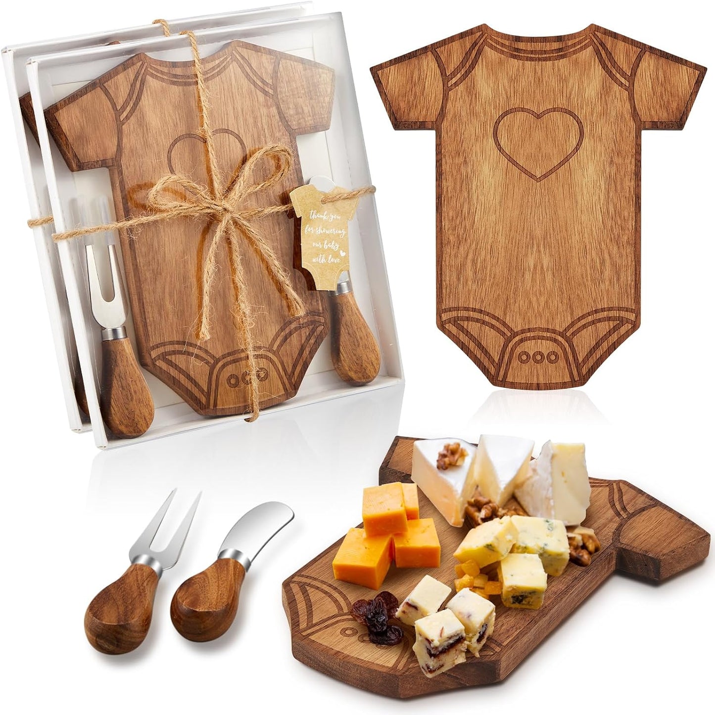 Ziliny 2 Set Baby Shower Gifts for Guests Clothing Mini Charcuterie Board with Knives Forks Gift Boxes Shaped Cheese Board Party Favors Baby Shower Game Prizes Gender Reveal Favors (Bamboo)