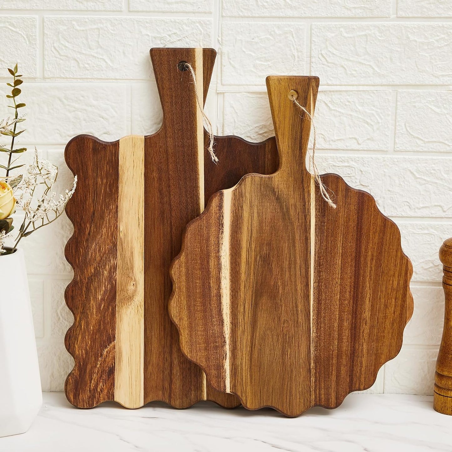 Novabright 2 Pcs Acacia Wood Scalloped Cutting and Chopping Board with Handle Decorative Cutting Boards for Kitchen Wooden Charcuterie Boards Serving Tray for Cheese Meat Fruit Bread Baking