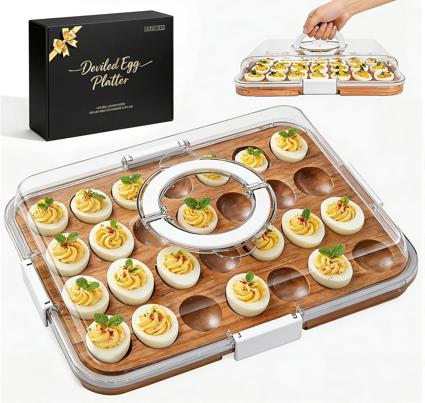 Renmxj Deviled Egg Containers with Lid, 28 Holes Reversible Acacia Wooden Deviled Egg Platter, Lid Dishwasher Safe Egg Tray, Ideal Gift for Women Kitchen & Party (Black)