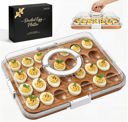 Renmxj Deviled Egg Containers with Lid, 28 Holes Reversible Acacia Wooden Deviled Egg Platter, Lid Dishwasher Safe Egg Tray, Ideal Gift for Women Kitchen & Party (Black)