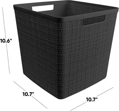 Curver Set of 4 Large 18L Easy Access Jute Decorative Plastic Organization and Storage Baskets - Perfect Bins for Home Office, Closet Shelves, Kitchen Pantry and All Bedroom Essentials, Black