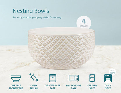 KooK Ceramic Mixing Bowls, Nesting Set of 4, Embossed Kitchen Dishware, Prep, Serving, Gift, Microwave and Dishwasher Safe, 20/44/98/145 oz, Narbonne Collection (Ivory)