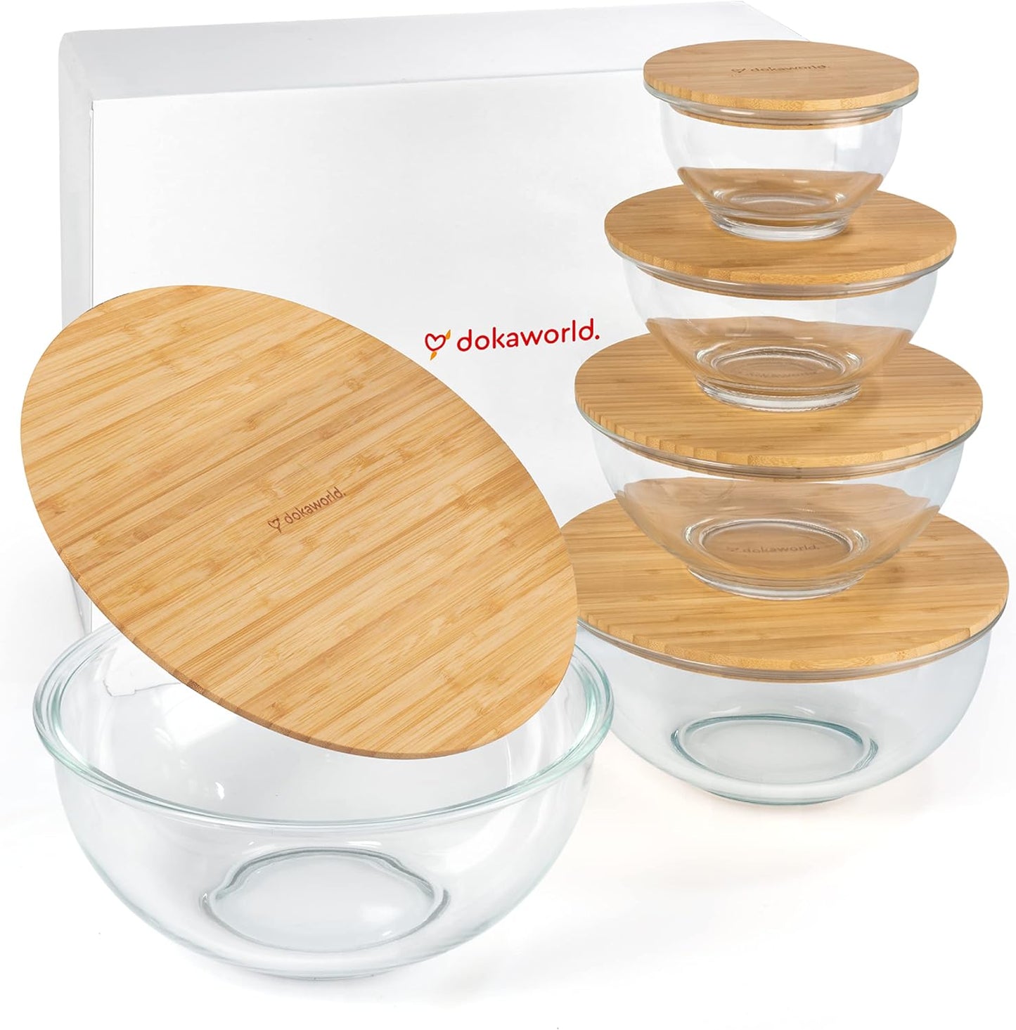 Set of 4 Stackable Space-Saving Nesting Glass Bowls with Airtight Acacia Lids for Lunch, Meal & Food Prep - Microwave & Oven-ready BPA Free Durable Heat Resistant Inert Borosilicate Glass