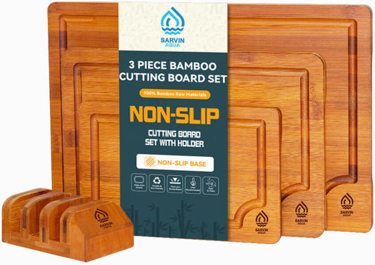 Bamboo Cutting Board Set of 3, Wooden Cutting Boards for Kitchen with Holder for Countertops, Solid Thick Wood Chopping Boards with Juice Grooves and Non Slip Feet for Chopping Meat Vegetables Fruits