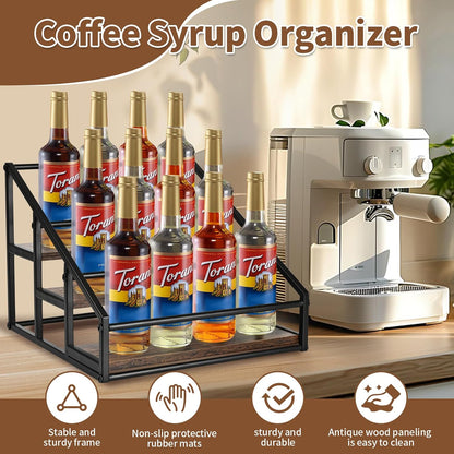 YQBRAO Coffee Syrup Rack Organizer,Liquor Bottle Display Shelf,2-Tier 4 Bottle Stand for Coffee Bar, Kitchen Station, Liquor, Wine, Dressing,Rustic Brown